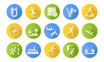 conjunto de ícones de glifo de sombra longa design plano de esportes radicais vetor