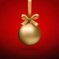 ouro Natal bola com fita e uma arco, em vermelho fundo. vetor ilustração.