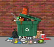plástico lixo bin cheio do lixo. transbordante lixo, comida, podre fruta, papéis, recipientes e vidro. lixo reciclando e utilização equipamento. desperdício gestão vetor ilustração dentro plano estilo