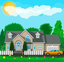privado suburbano casa com cerca, carro, árvores, céu, Sol e nuvens. vetor ilustração dentro plano estilo