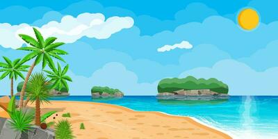 panorama do Palma árvore em de praia. Sol com reflexão dentro água e nuvens. dia dentro tropical lugar. vetor ilustração dentro plano estilo