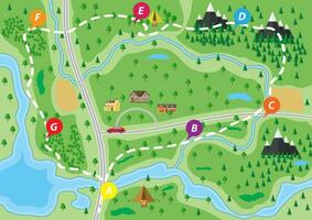 suburbano mapa com casas com carro, árvores, estrada, rio, montanha e acampamento. Vila. vetor ilustração dentro plano estilo