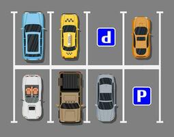 cidade estacionamento muitos com diferente carros. escassez estacionamento espaços. estacionamento zona topo Visão com vários veículos. sedã, roadster, suv, esporte carro, escolher. vetor ilustração dentro plano estilo