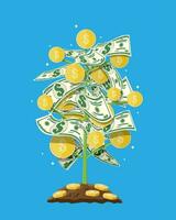 moeda árvore. crescendo dinheiro árvore. investimento, investindo. ouro moedas e dólar notas em galhos. símbolo do fortuna. o negócio sucesso. plano estilo vetor ilustração.