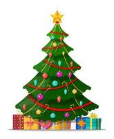 Natal árvore decorado com colorida bolas, festão luzes, dourado estrela. grande quantidade do presente caixas. abeto, sempre-verde árvore. cumprimento cartão, festivo poster. Novo ano. vetor ilustração dentro plano estilo