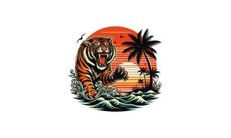 tigre Bravo e Palma em mar pôr do sol vetor obra de arte Projeto