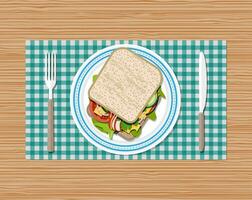 sanduíche em prato topo visualizar. garfo e faca. torrada pão, tomate, presunto, salada e queijo. vetor ilustração dentro plano estilo em de madeira fundo