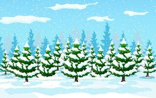 inverno panorama com branco pinho árvores em neve colina. Natal panorama com abeto árvores floresta e nevando. feliz Novo ano celebração. Novo ano natal feriado. vetor ilustração plano estilo