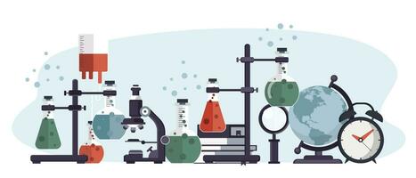 laboratório equipamento bandeira. conceito para Ciência, remédio e conhecimento. plano vetor ilustração