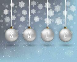 quatro branco Natal bolas com ribons e venda texto às luz fundo com neve e flocos de neve. vetor ilustração, modelo para cumprimento e postal cartão, promoção