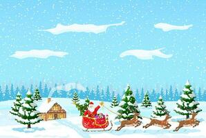 suburbano casa coberto neve. construção dentro feriado ornamento. Natal panorama árvore, floresta, santa trenó renas. Novo ano decoração. alegre Natal feriado natal celebração. vetor ilustração
