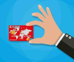desenho animado empresário mão segurando vermelho crédito débito banco cartão, vetor ilustração dentro plano Projeto em azul fundo