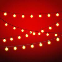 caloroso amarelo luzes lâmpada às Preto cordas em vermelho fundo. modelo para cumprimento ou postal cartão, vetor ilustração