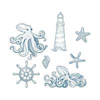 ilustrações marinhas polvo conjunto náutico conchas de lulas selvagens monstro kraken coleção desenhada à mão