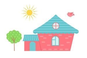 Rosa doce casa com árvore, Sol e vôo pássaro. fofa desenho animado casa de boneca. mão desenhado vetor ilustração isolado em branco fundo.