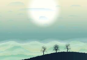 colinas e árvores shiluette com névoa e Sol vetor ilustração