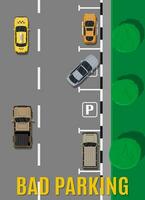 cidade estacionamento muitos com diferente carros. escassez estacionamento espaços. estacionamento zona topo Visão com veículos. mau ou errado carro estacionamento. tráfego regulamentos. regras do a estrada. vetor ilustração dentro plano estilo