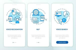 2d ícones representando voz assistente Móvel aplicativo tela definir. passo a passo 3 passos azul gráfico instruções com linha ícones conceito, interface do usuário, ux, gui modelo. vetor