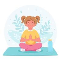 garota meditando na posição de lótus. ginástica, ioga e meditação para crianças. vetor