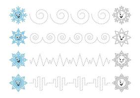 rastreamento linhas para crianças. caligrafia prática para crianças. coloração página com fofa desenho animado flocos de neve. vetor ilustração