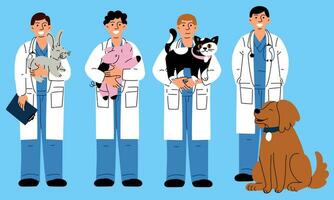 uma conjunto do feliz masculino Veterinários com uma variedade do animais de estimação. vetor ilustração do animal Cuidado. plano estilo. veterinário rapazes com animais porco, coelho, gato, cachorro em azul. internacional Veterinários dia