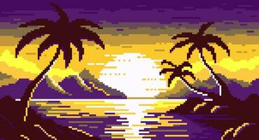 alvorecer em pixel ilha com Palma árvores fundo. colorida roxa 8 bits mar com ondas e amarelo Sol configuração atrás montanhas e nuvens dentro anos 80 retrowave vetor estilo