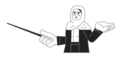 profissional mentor muçulmano mulher Preto e branco 2d desenho animado personagem. hijab fêmea treinador isolado vetor esboço pessoa. árabe senhora instrutor ponteiro bastão monocromático plano local ilustração