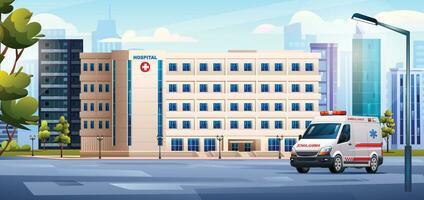 hospital construção com ambulância carro dentro cidade. médico clínica Projeto panorama vetor ilustração