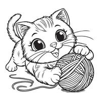 brincalhão gato perseguindo uma fio bola com uma pernicioso expressão para a coloração livro página vetor
