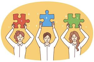 homem e mulheres empregados comece demonstrar quebra-cabeças quebra-cabeças para mostrar equipe trabalhar. vetor imagem