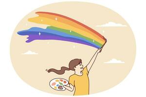 feliz Adolescência menina tintas arco Iris dentro ensolarado céu com escova e paleta. vetor Projeto