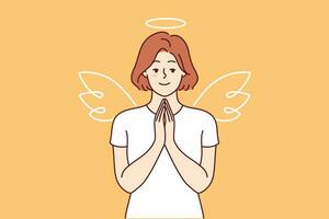 mulher com asas e anjo aréola carrinhos fazer oração gesto, chamando em pessoas para estar mais gentil vetor