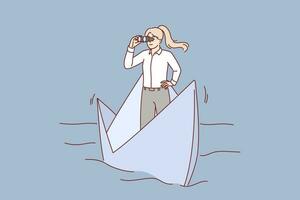 o negócio mulher líder velas em papel barco em rio e detém binóculos olhando para oportunidades vetor