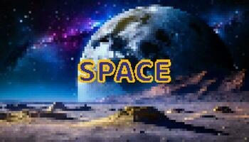 espaço fundo dentro pixel arte estilo. vetor ilustração do a superfície do a lua, fechar-se planeta, estrelas, espaço.