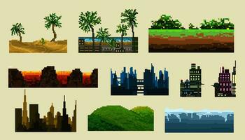 pixel vetor cidade e natureza paisagens fundo coleção conjunto
