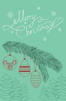 cartão de Natal com ramo de pinheiro e brinquedos e letras de mão. pode ser usado para felicitações ou convites. vetor