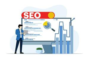 seo classificação posição mudança conceito, procurar tela página com ampliação vidro, plano Projeto estilo vetor ilustração, SEO, procurar motor otimização, topo classificação conceito, plano vetor ilustração.