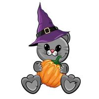 ilustração de halloween bonito com um gato de desenho animado cinza em um chapéu de bruxa com abóbora isolada em um fundo branco. ilustração do vetor dos desenhos animados.