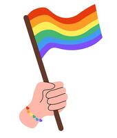 mão com pulseira corações segurando lgbt bandeira. lgbtq. símbolo do a lgbt orgulho comunidade. arco-íris. vetor plano ilustração.