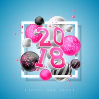 Ilustração do ano novo feliz 2018 com número 3d brilhante e bola decorativa no fundo azul. Vector Design de férias