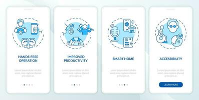 2d ícones representando voz assistente Móvel aplicativo tela definir. passo a passo 4 passos azul gráfico instruções com fino linha ícones conceito, interface do usuário, ux, gui modelo. vetor