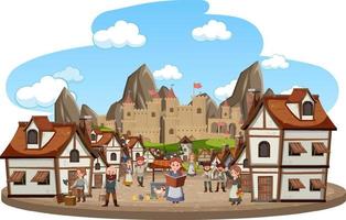vila medieval com aldeões em fundo branco vetor