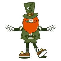 feliz santo patricks dia retro adesivo. funky groovy desenho animado personagem duende, gnomo dentro chapéu. vintage engraçado mascote fragmento psicodélico sorrir e emoção. quadrinho na moda vetor ilustração