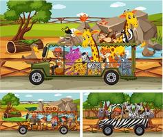 diferentes cenas de safári com animais e personagens de desenhos animados infantis vetor