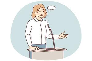 bem sucedido empresária conversa dentro microfone às o negócio conferência ou seminário. confiante fêmea patrão ou líder ter discurso ou apresentação para público. vetor ilustração.