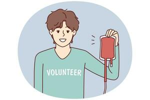 voluntário de homem sorridente segurando bolsa de sangue doando para pessoas necessitadas. feliz doador masculino faz boa ação doa sangue no centro de doação. ilustração vetorial. vetor