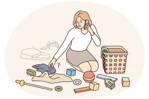 jovem mãe limpando quarto de crianças falando no celular. mãe arruma as roupas dos filhos no chão falando no telefone. ilustração vetorial. vetor