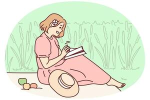 mulher sentada no livro de leitura de campo. garota feliz aproveite o piquenique de verão com revista ou livro didático. relaxamento de verão. ilustração vetorial. vetor