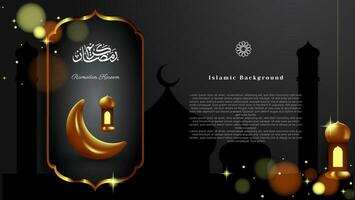 ouro e Preto islâmico fundo com crescente e lanterna. Ramadã kareem bandeira vetor Projeto com árabe caligrafia.