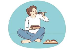 feliz jovem mulher sentar em chão comendo Sushi com pauzinhos. milenar fêmea apreciar tradicional japonês Comida às lar. cozinha conceito. vetor ilustração.